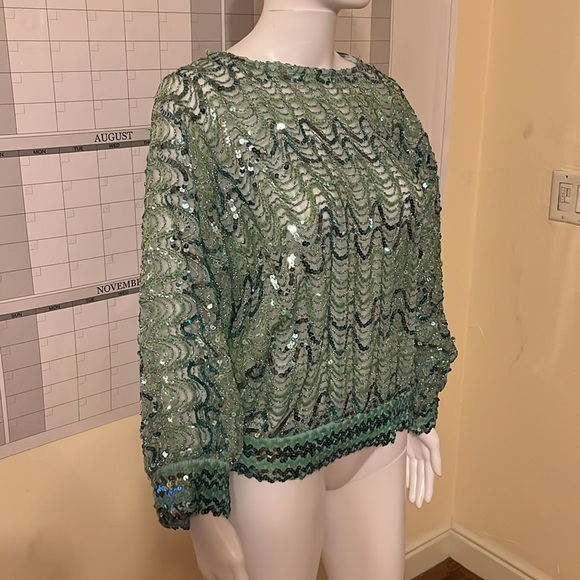 Vintage St. Martin 80s Cropped Top Green Sequin Blouse Bell Sleeve Peek S/M - Picture 2 of 11
